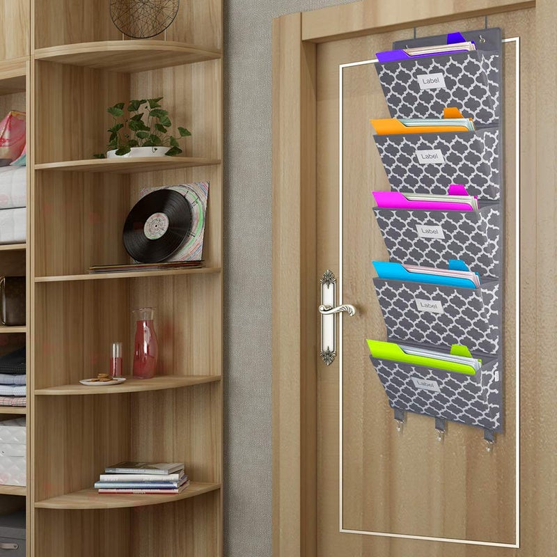 homyfort Over the Door File Organizer, Hanging File Folders, Wall Organizers and Storage for Mail, Magazine, Notebooks, Planners, Office, Classroom, 5 Extra Large Pockets (Grey Lantern Pattern) - Image 4